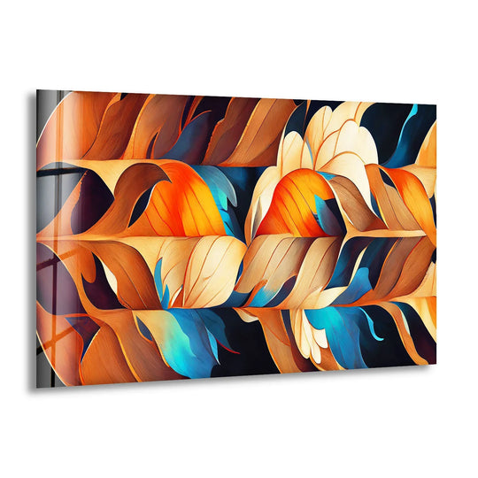 This abstract glass wall art creates depth with layered, flowing feather-like forms in earthy orange and teal.
