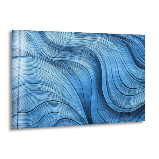 The edge of this glass wall artwork features sleek, clean borders framing abstract blue wave lines.