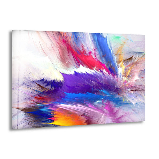 Vivid energy abstract glass print featuring a dazzling color explosion, an eye-catching addition to unique modern wall decor.