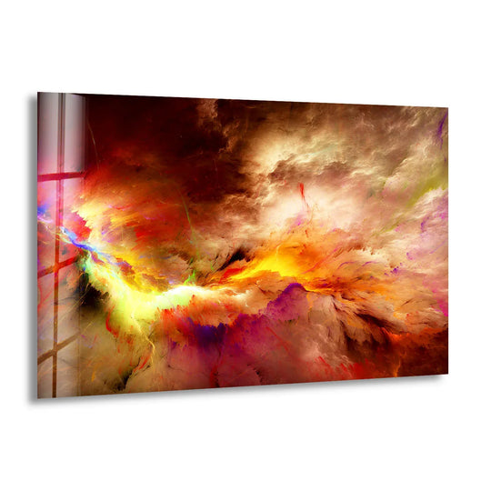 Fiery nebula explosion glass art painting dominated by vibrant reds, yellows, and oranges.