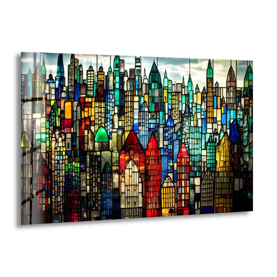 Stained Glass Cityscape Wall Art – Colorful Urban Skyline Glass Print - MyPhotoStation