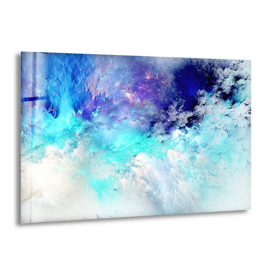 This abstract frosted glass print showcases a dynamic transition from crisp white and turquoise to deep sapphire and violet hues.