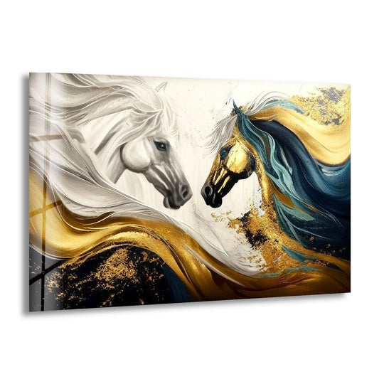 A white and gold abstract equine decorative wall art depicts two horses in a moment of stillness.