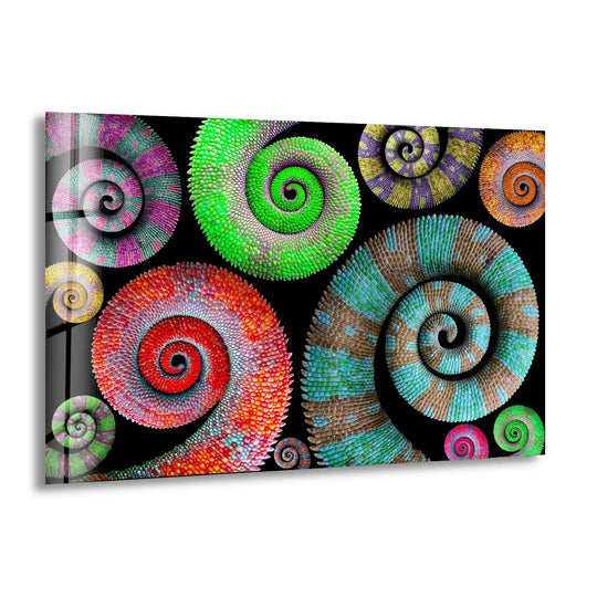 Vibrant colorful spiral patterns form an abstract glass print, a stunning piece of best glass art.