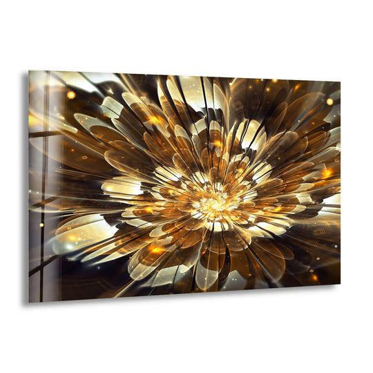 Intense golden hues saturate this abstract fractal flower glass print, showcasing the best glass art.
