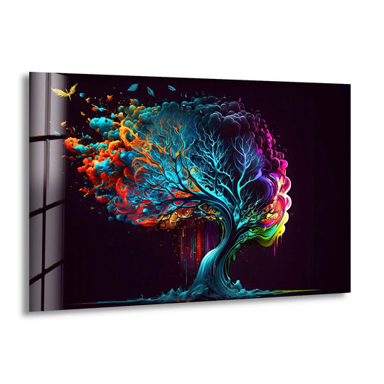 Vibrant abstract glass wall art decor featuring a fantasy tree with a bright, multicolored explosion of energy.