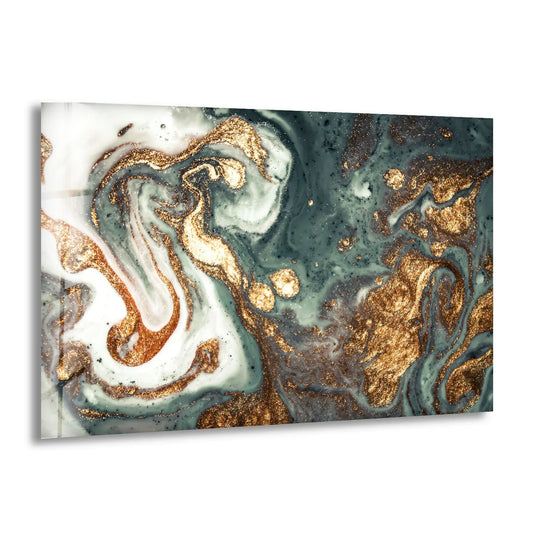 An abstract glass printing of swirling emerald and gold marble creates a luxurious focal point.
