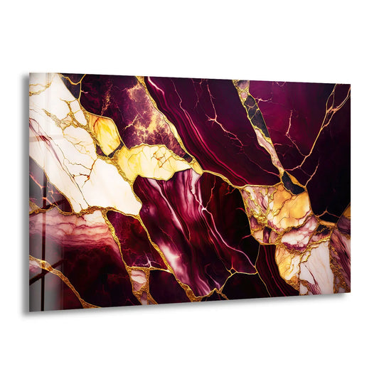 Richly saturated burgundy and gold hues swirl across this abstract glass art painting with dramatic, luxurious veining.