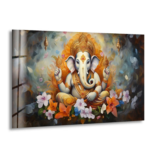 Framed by a simulated window effect, this Sacred Ganesha divine floral Hindu decor showcases the edge of a tempered glass wall art print, blending vibrant color.