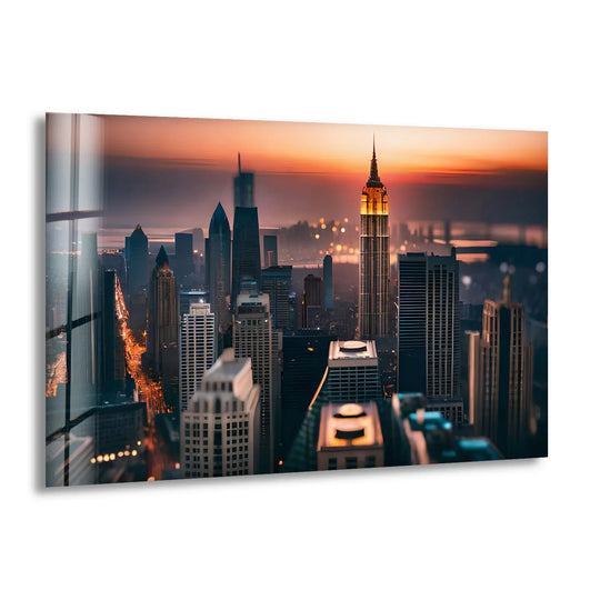 Illuminated by the sunset, the Empire State Building, a breathtaking NYC skyline, showcases the best glass art in this vibrant city wall art print.