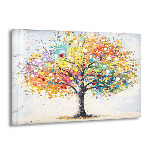 Vibrant and colorful dots create a whimsical tree on this modern glass wall art.