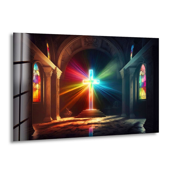 Radiant Cross Wall Art – Colorful Light Burst Christian Glass Print