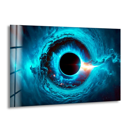 A cosmic black hole vortex in glass wall art decor, layered with nebulous blues and fiery light.