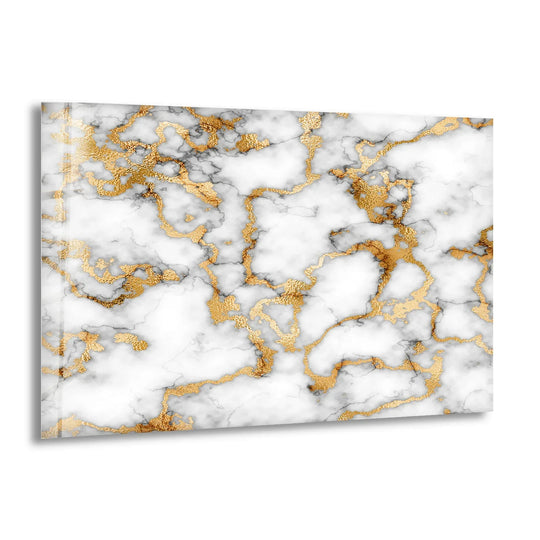 White and gold veined marble glass wall art showcasing a sophisticated layering effect as unique modern wall decor.