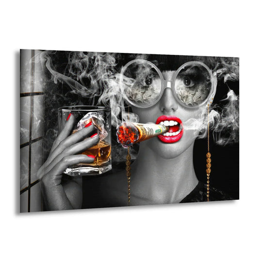 Smooth tempered glass wall art showcasing a woman's face with a dollar bill cigar, her eyes reflected in sunglasses, and whiskey in hand, with swirling smoke texture.