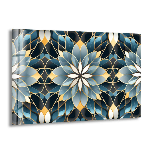 Elegant Lotus Mandala Glass Wall Art – Blue Gold Sacred Geometry Pattern - MyPhotoStation