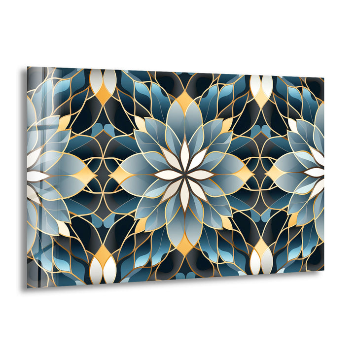 Elegant Lotus Mandala Glass Wall Art – Blue Gold Sacred Geometry Pattern
