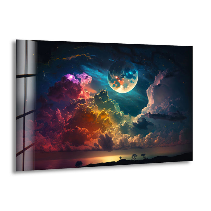 Verträumte Mondaufgang-Wandkunst – Fantasy-Himmel und Wolken-Glasdruck