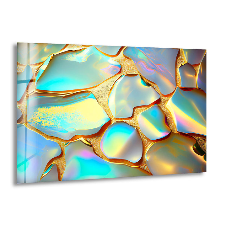 Iridescent Abstract Wall Art – Gold and Rainbow Glass Print Design