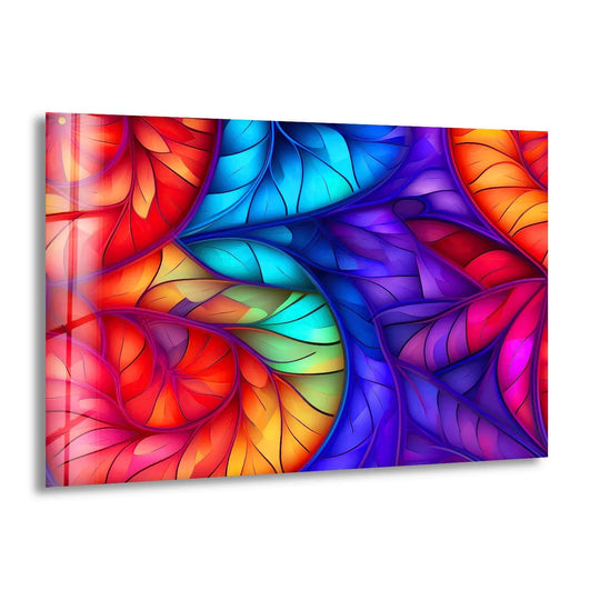 Abstract decorative wall art showcases a vibrant spectrum of color transitions flowing through stained-glass style leaves.