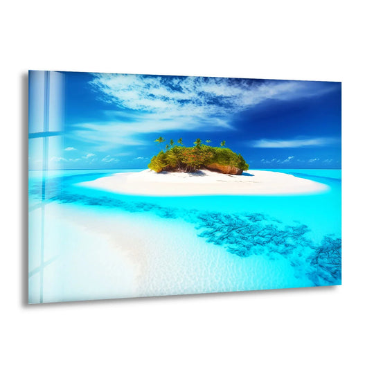 Featuring a glossy finish, the tropical island escape wall art showcases vibrant glass printing, accentuating the serene beach scene with crystal waters.