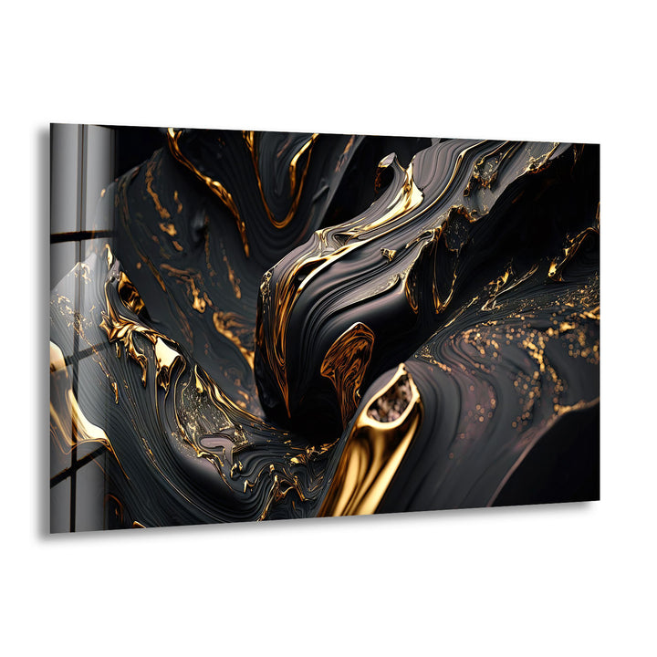 Black Gold Swirl Wall Art – Luxury Abstract Fluid Glass Print for Interiors