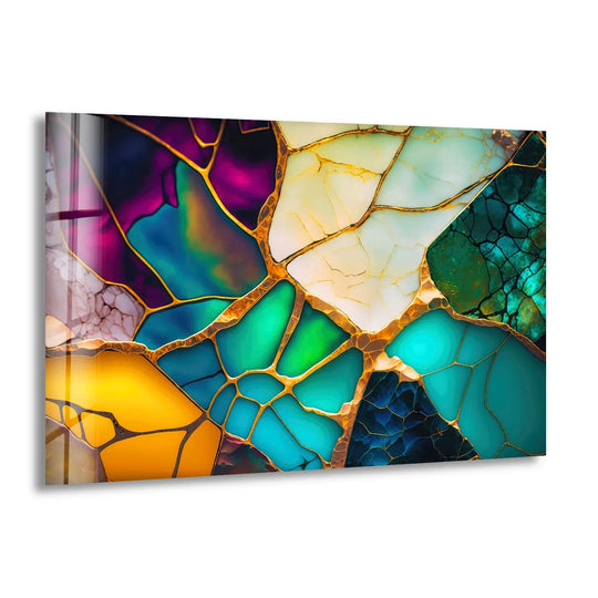 Abstract colorful stained glass wall artwork with golden fractured modern glass print and vibrant color blends.