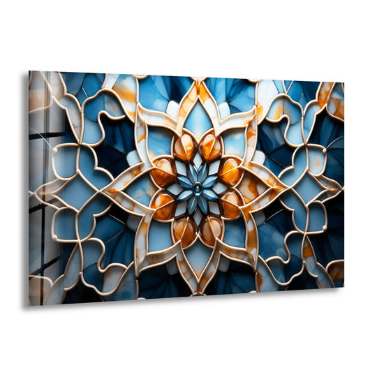 Blue & Amber Geometric Wall Art – Islamic Mandala Glass Print for Modern Interiors - MyPhotoStation