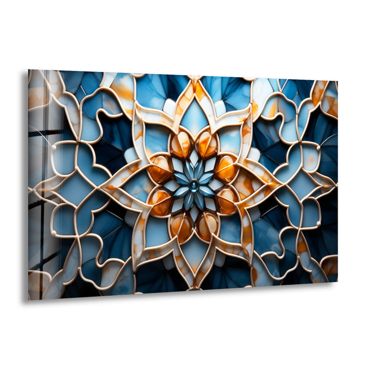 Blue & Amber Geometric Wall Art – Islamic Mandala Glass Print for Modern Interiors