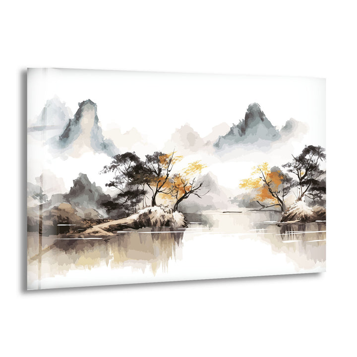Serene Mountain Lake Wall Art – Asian Landscape Ink Style Glass Print