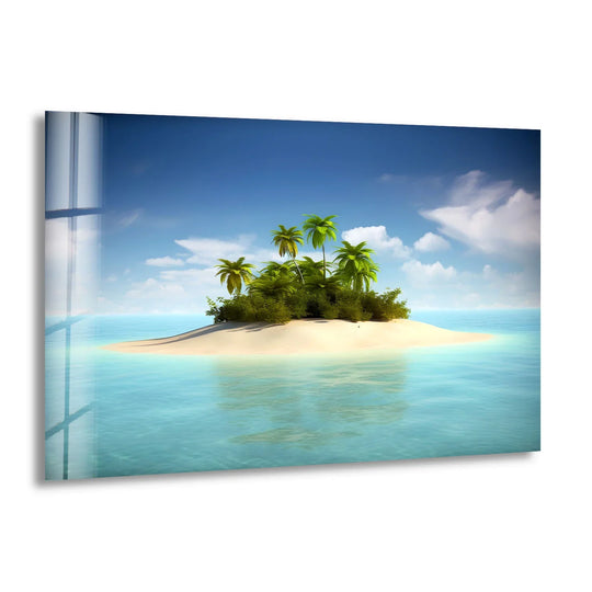 Reflecting the serene beach in the foreground, this tropical island escape glass wall art decor features an idyllic scene of tranquil waters and lush palm trees.