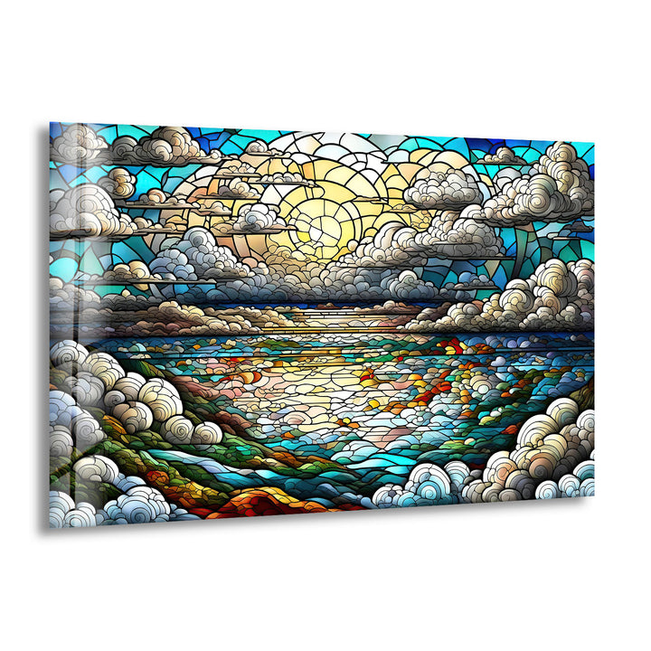 Serene Ocean Sunset Stained Glass Wall Art – Coastal Landscape Window Design