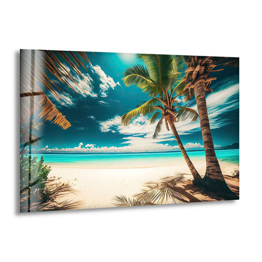 Color transition highlights the serene change from azure sky to turquoise ocean in this tropical island beach scene, captured in a vibrant glass printing wall art decor.