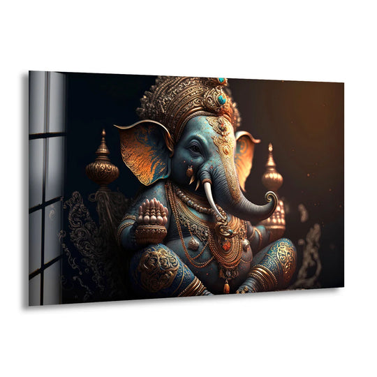 Warm color temperatures highlight the serene blue and gold tones of this regal Ganesha glass print wall art.