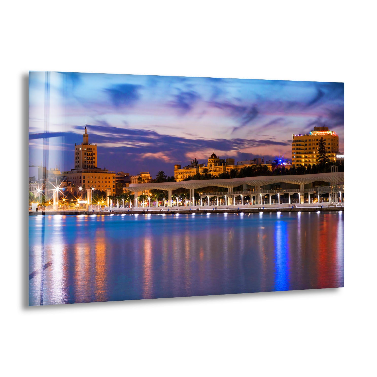 Malaga Waterfront Cityscape Wall Art – Dusk Skyline Glass Print for Urban Decor
