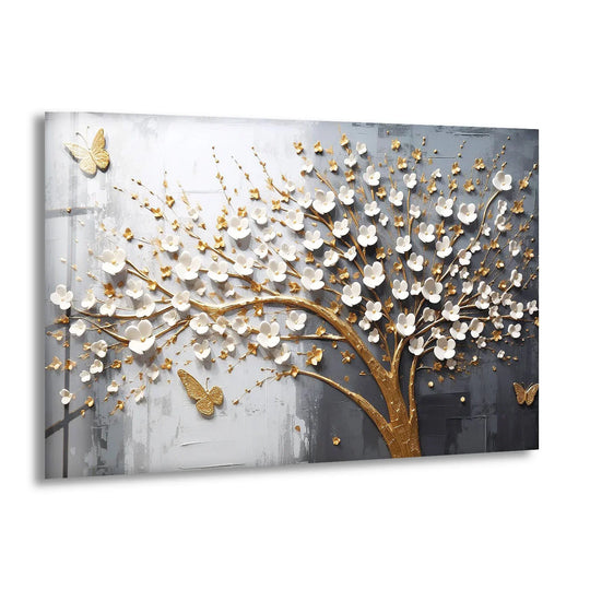 Blossoming white flowers on the golden cherry blossom tree stand out as the loudest element in this 3D floral best glass art print with delicate butterflies.