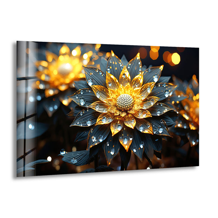 Golden Glow Floral Wall Art – Illuminated Flower Glass Print Design