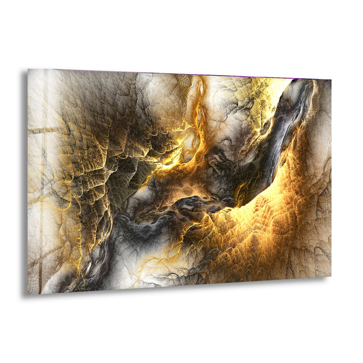 Golden Ember Cavern Wall Art – Textured Abstract Glass Print Decor