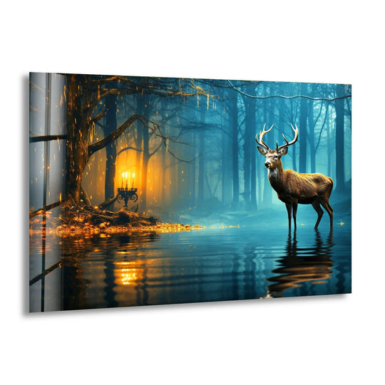 Majestic deer stands in misty blue forest, reflected in water, a striking example of best glass art.