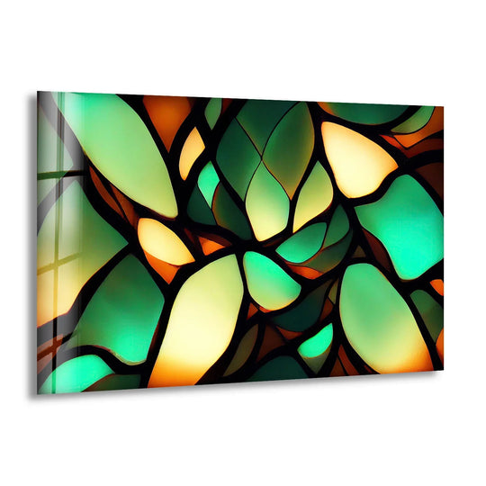 Vibrant green dominates this abstract glass art, featuring organic shapes with glowing emerald hues.