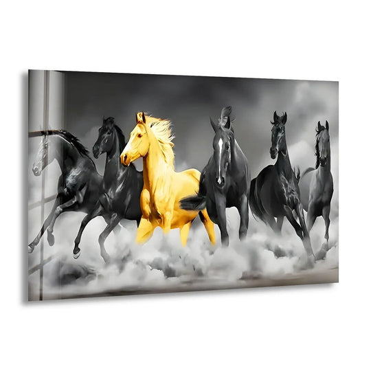 Animal glass wall art horizontal format and golden horse decor plus wildlife art with black horses