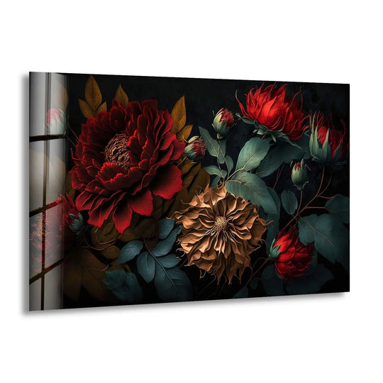 Negative space accentuates the dramatic beauty of this dark floral elegance red and gold botanical print, a captivating example of glass wall art decor.