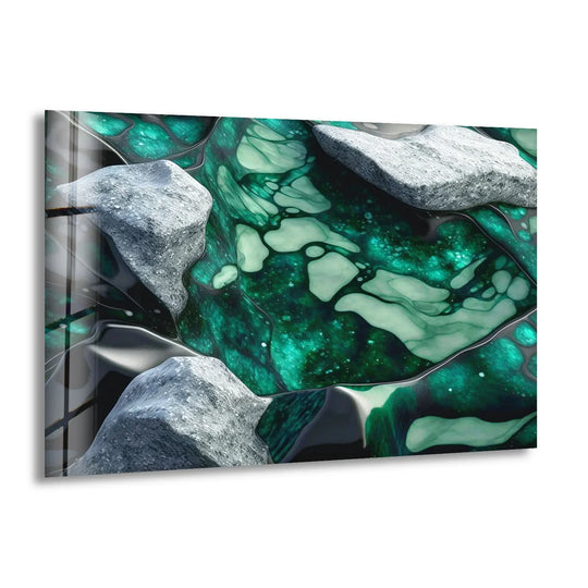 The visual rhythm of this wall print artfully blends rough grey stones with flowing emerald green textures and glossy black liquid shapes.