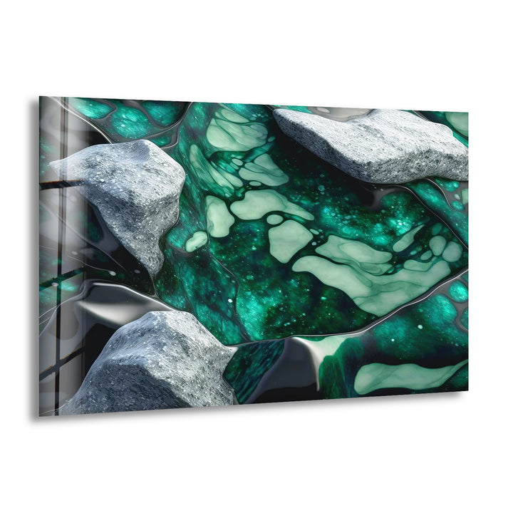 Emerald Stone Texture Wall Art – Abstract Green Glass Print with Marble and Rock Elements for Contemporary Nature-Inspired Decor