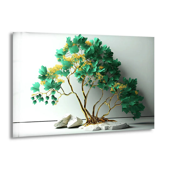 The focal point highlights the gold botanical details of the elegant green tree wall art, showcasing the beauty of glass printing with a marble base.
