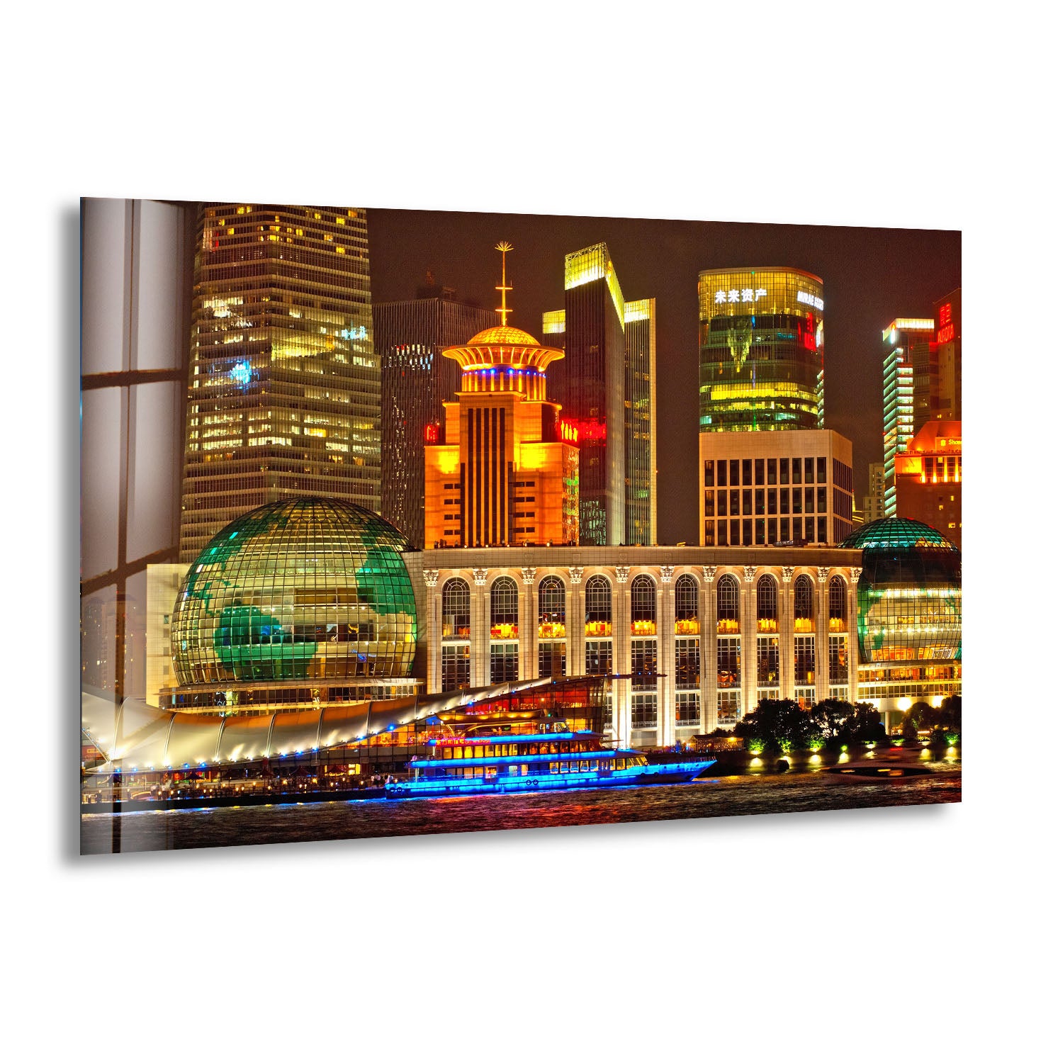 Shanghai Skyline Wall Art – Vibrant City Lights Glass Print for Modern Decor