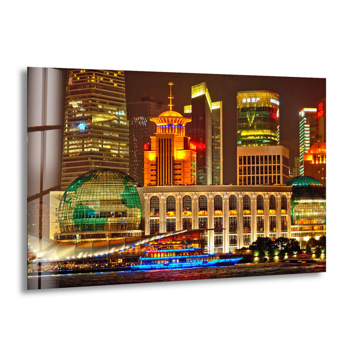 Shanghai Skyline Wall Art – Vibrant City Lights Glass Print for Modern Decor