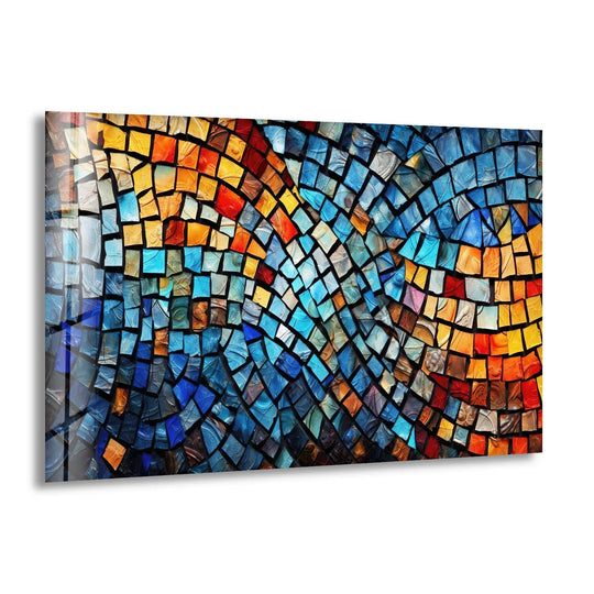 Vibrant Mosaic Wave Glass Wall Art – Colorful Abstract Squares Decor - MyPhotoStation
