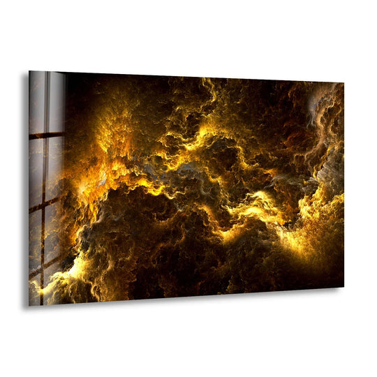 Golden storm nebula glass wall art prints showcase a dramatic contrast of bright golden light against dark, shadowy depths.