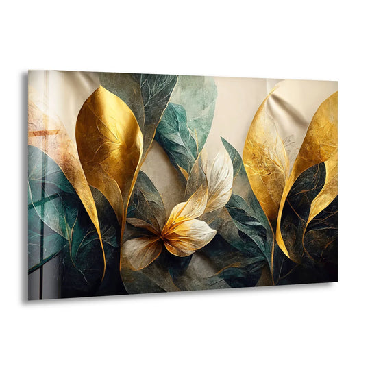 Reflecting light showcases the subtle surface texture of this golden botanical art from glass, enhancing the luxury floral print's rich gold and green hues.